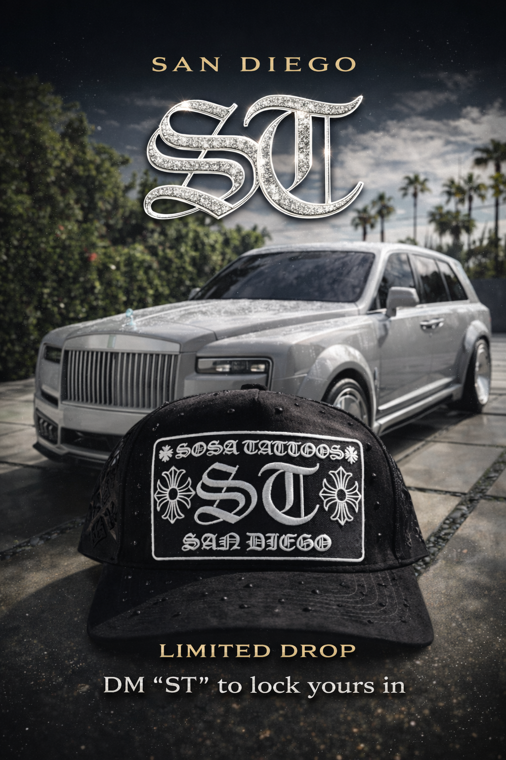 SOSA TATTOOS WORLDWIDE “ST” TRUCKER HAT – BLACK / FOREST GREEN