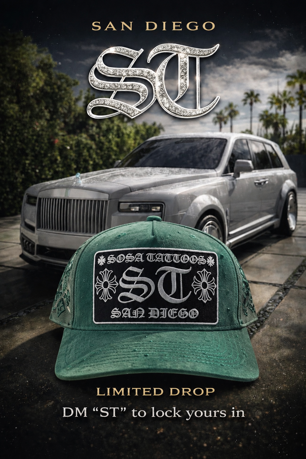 SOSA TATTOOS WORLDWIDE “ST” TRUCKER HAT – BLACK / FOREST GREEN