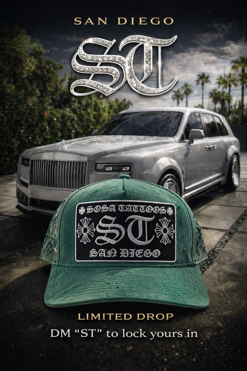 SOSA TATTOOS WORLDWIDE “ST” TRUCKER HAT – BLACK / FOREST GREEN